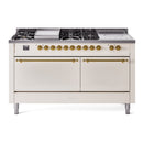 ILVE Nostalgie II 60-Inch Natural Gas Dual Fuel Range with 7 Burners, Griddle, & French Top with Solid Door Oven in Antique White with Brass Trim (UP60FSQNMPAWG)