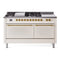 ILVE Nostalgie II 60-Inch Natural Gas Dual Fuel Range with 7 Burners, Griddle, & French Top with Solid Door Oven in Antique White with Brass Trim (UP60FSQNMPAWG)
