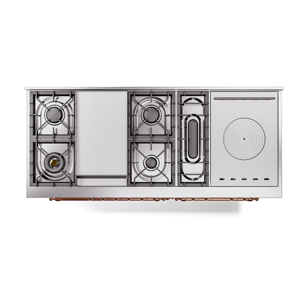 Dual fuel range showing burner and oven compartments with copper tubing accents