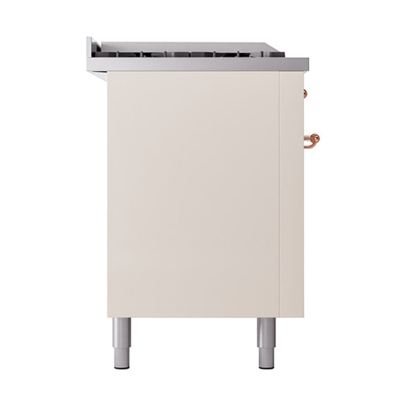 ILVE Nostalgie II 60-Inch Dual Fuel Range with 7 Burners, Griddle, & French Top with Solid Door Oven in Antique White with Copper Trim (UP60FSQNMPAWP)