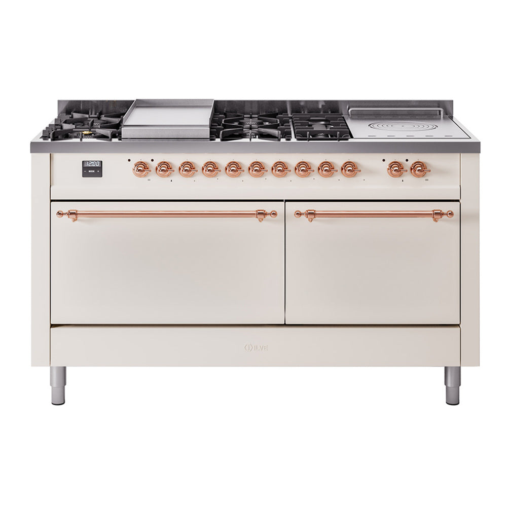 Antique white dual-fuel range with copper-trim knobs, burners, griddle, and two doors