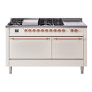 ILVE Nostalgie II 60-Inch Natural Gas Dual Fuel Range with 7 Burners, Griddle, & French Top with Solid Door Oven in Antique White with Copper Trim (UP60FSQNMPAWP)
