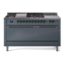 ILVE Nostalgie II 60-Inch Propane Gas Dual Fuel Range with 7 Burners, Griddle, & French Top with Solid Door Oven in Blue Grey with Bronze Trim (UP60FSQNMPBGBLP)