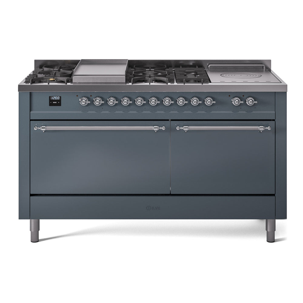 Blue-grey dual fuel range with griddle, French top, and dual oven doors with chrome trim