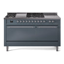 ILVE Nostalgie II 60-Inch Propane Gas Dual Fuel Range with 7 Burners, Griddle, & French Top with Solid Door Oven in Blue Grey with Chrome Trim (UP60FSQNMPBGCLP)