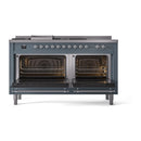 ILVE Nostalgie II 60-Inch Propane Gas Dual Fuel Range with 7 Burners, Griddle, & French Top with Solid Door Oven in Blue Grey with Chrome Trim (UP60FSQNMPBGCLP)