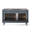 ILVE Nostalgie II 60-Inch Natural Gas Dual Fuel Range with 7 Burners, Griddle, & French Top with Solid Door Oven in Blue Grey with Chrome Trim (UP60FSQNMPBGC)