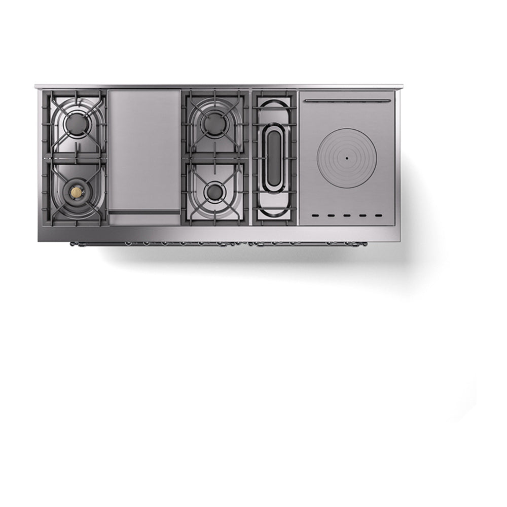 Blue-grey dual fuel range rear view with burner and oven layout and chrome trim