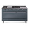 ILVE Nostalgie II 60-Inch Dual Fuel Range with 7 Burners, Griddle, & French Top with Solid Door Oven in Blue Grey with Chrome Trim (UP60FSQNMPBGC)