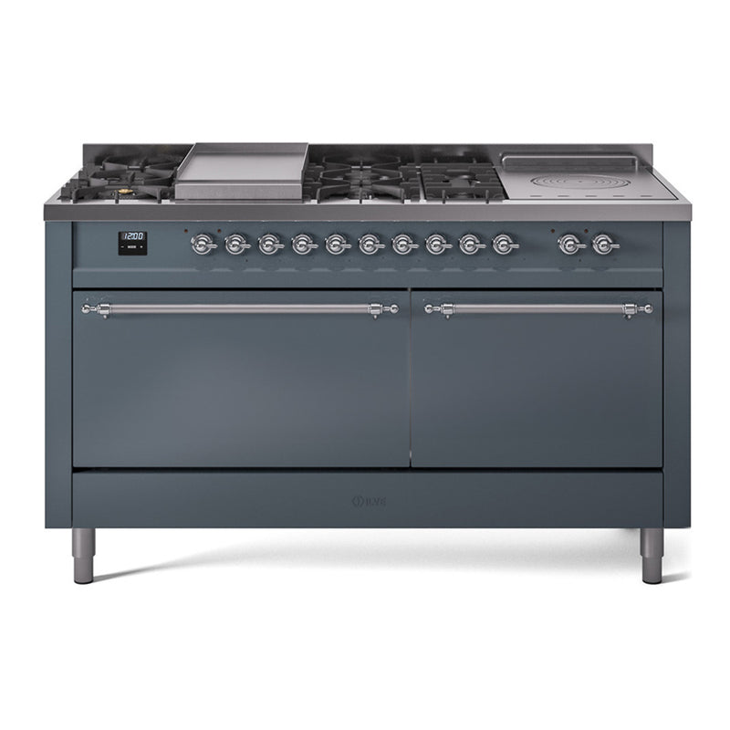 ILVE Nostalgie II 60-Inch Dual Fuel Range with 7 Burners, Griddle, & French Top with Solid Door Oven in Blue Grey with Chrome Trim (UP60FSQNMPBGC)
