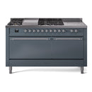 ILVE Nostalgie II 60-Inch Natural Gas Dual Fuel Range with 7 Burners, Griddle, & French Top with Solid Door Oven in Blue Grey with Chrome Trim (UP60FSQNMPBGC)