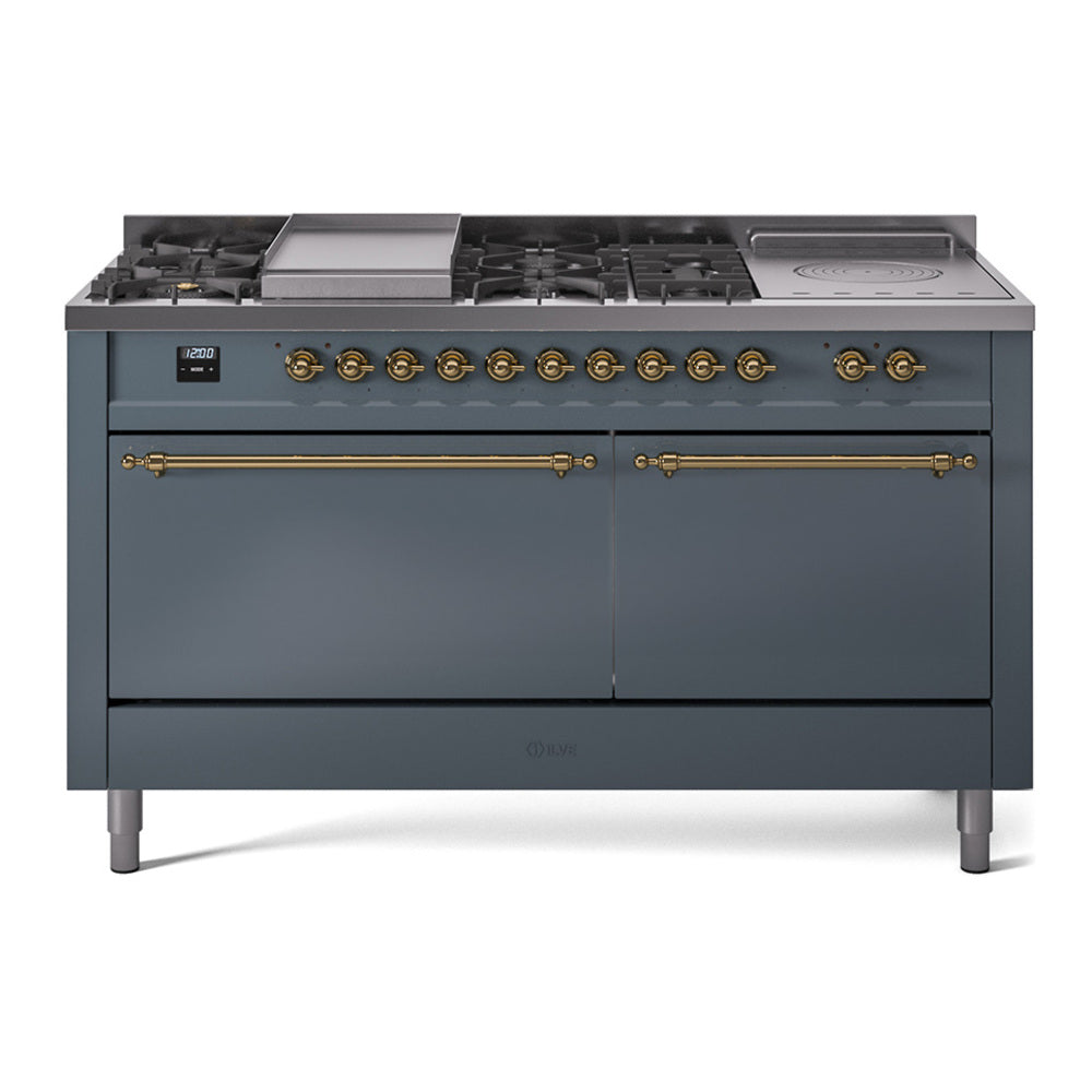 Blue-grey dual fuel gas range with brass-trim control panel, burners, griddle, and oven doors