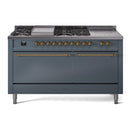 ILVE Nostalgie II 60-Inch Propane Gas Dual Fuel Range with 7 Burners, Griddle, & French Top with Solid Door Oven in Blue Grey with Brass Trim (UP60FSQNMPBGGLP)