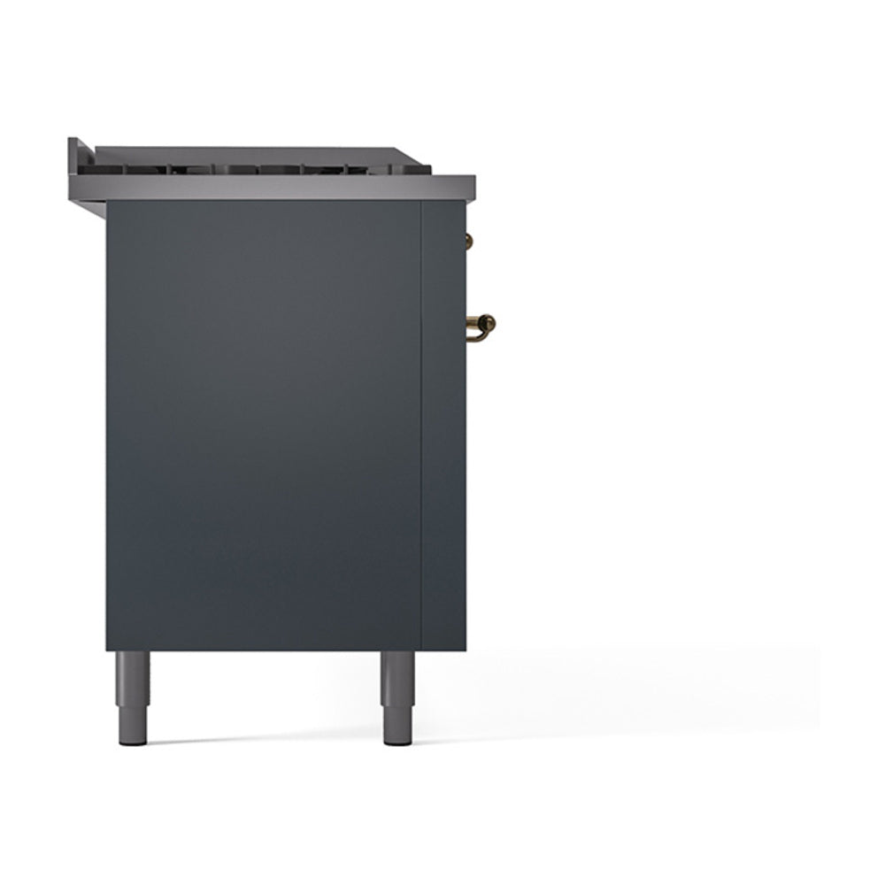 Side view of blue-grey range with brass handle and control knobs, built-in oven and cooktop