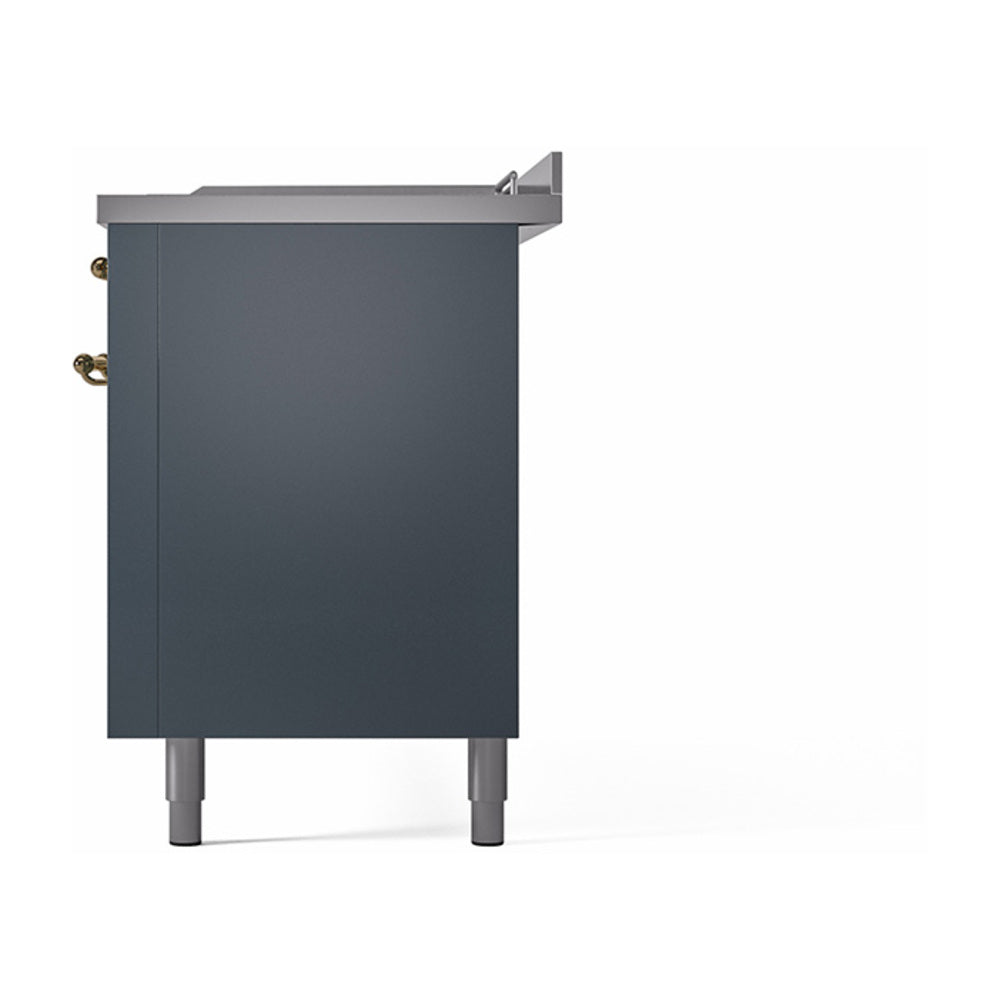 Blue grey dual fuel range cabinet side panel with brass hinges and feet