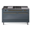 ILVE Nostalgie II 60-Inch Natural Gas Dual Fuel Range with 7 Burners, Griddle, & French Top with Solid Door Oven in Blue Grey with Brass Trim (UP60FSQNMPBGG)