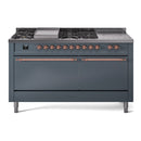 ILVE Nostalgie II 60-Inch Propane Gas Dual Fuel Range with 7 Burners, Griddle, & French Top with Solid Door Oven in Blue Grey with Copper Trim (UP60FSQNMPBGPLP)