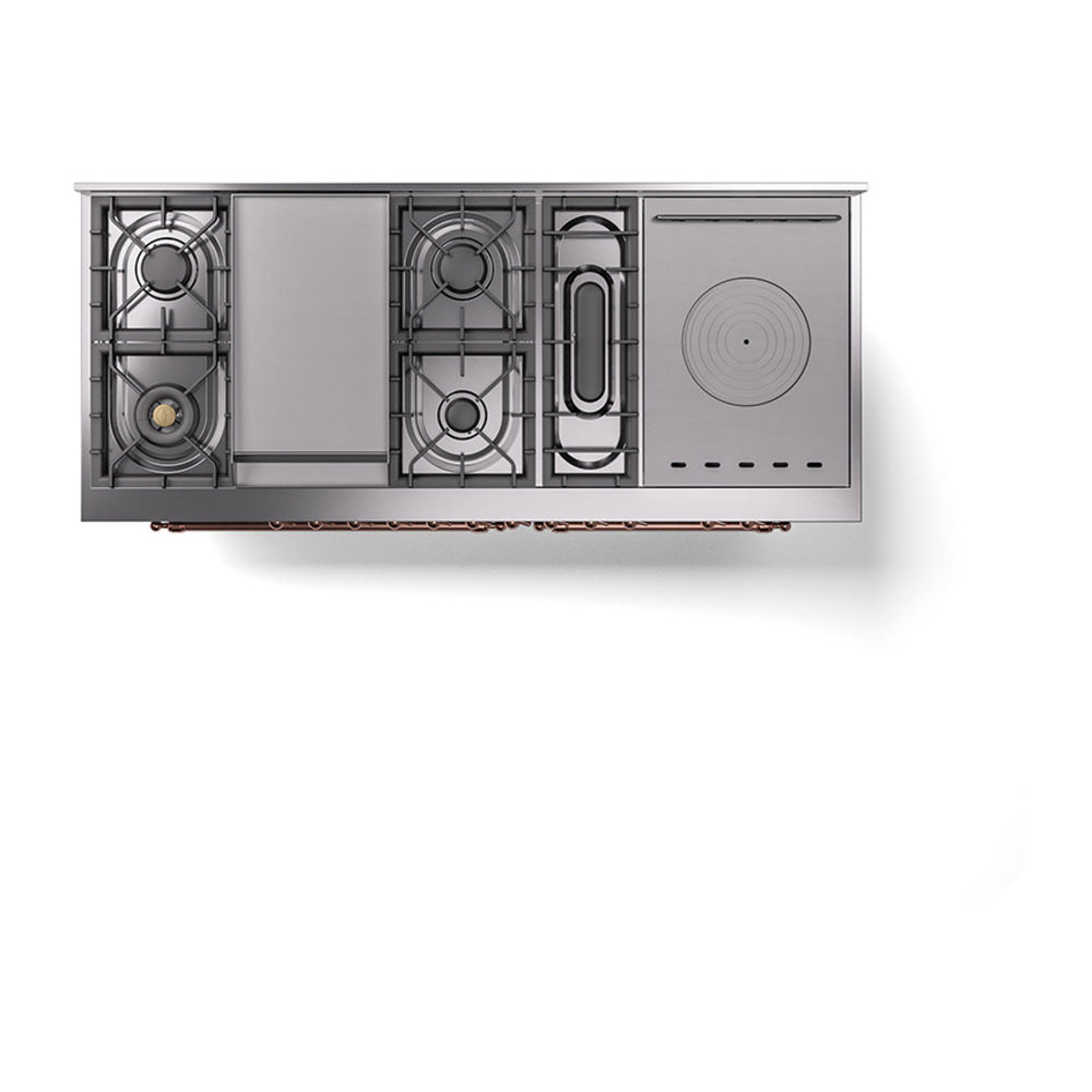 Top view of blue-gray range showing burner grates and a round plate insert