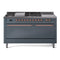 ILVE Nostalgie II 60-Inch Dual Fuel Range with 7 Burners, Griddle, & French Top with Solid Door Oven in Blue Grey with Copper Trim (UP60FSQNMPBGP)