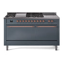 ILVE Nostalgie II 60-Inch Natural Gas Dual Fuel Range with 7 Burners, Griddle, & French Top with Solid Door Oven in Blue Grey with Copper Trim (UP60FSQNMPBGP)