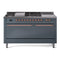 ILVE Nostalgie II 60-Inch Natural Gas Dual Fuel Range with 7 Burners, Griddle, & French Top with Solid Door Oven in Blue Grey with Copper Trim (UP60FSQNMPBGP)