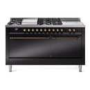 ILVE Nostalgie II 60-Inch Propane Gas Dual Fuel Range with 7 Burners, Griddle, & French Top with Solid Door Oven in Glossy Black with Bronze Trim (UP60FSQNMPBKBLP)