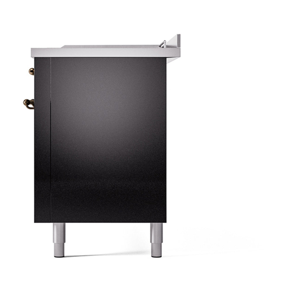 Glossy black oven door panel with top vent and bronze handles on dual fuel range