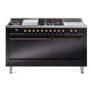 ILVE Nostalgie II 60-Inch Natural Gas Dual Fuel Range with 7 Burners, Griddle, & French Top with Solid Door Oven in Glossy Black with Bronze Trim (UP60FSQNMPBKB)