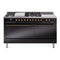 ILVE Nostalgie II 60-Inch Natural Gas Dual Fuel Range with 7 Burners, Griddle, & French Top with Solid Door Oven in Glossy Black with Bronze Trim (UP60FSQNMPBKB)