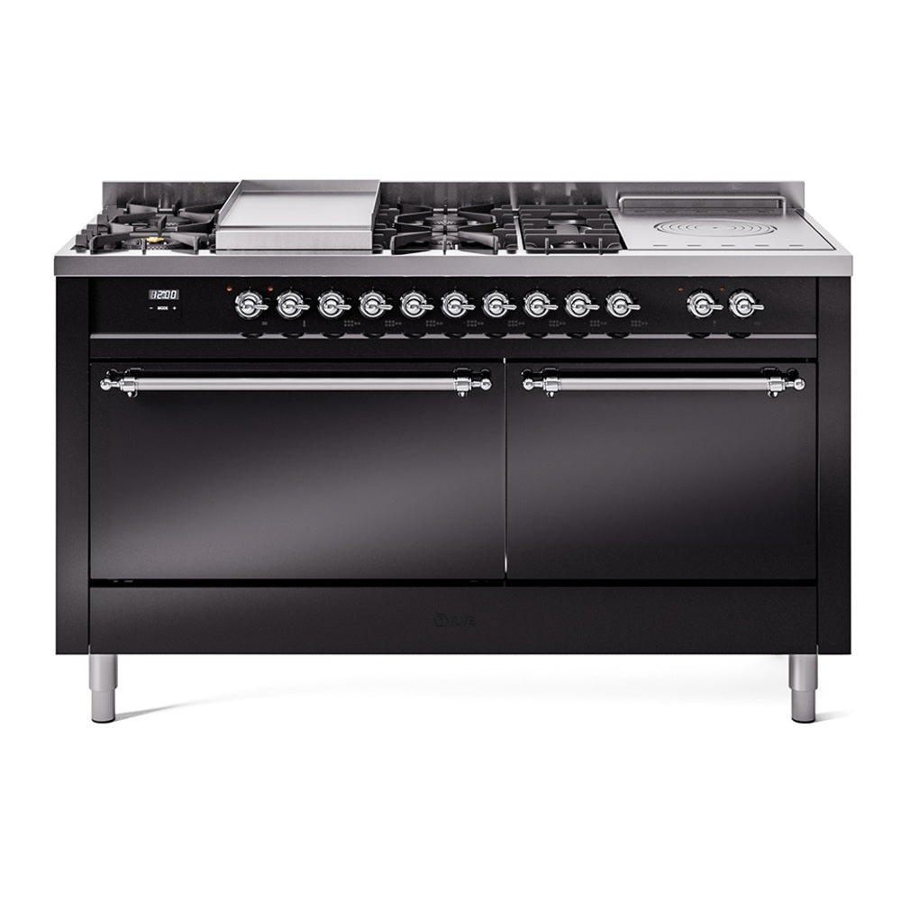Black dual fuel range with French top, griddle, and chrome-trim control knobs