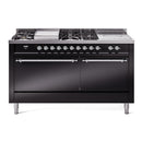 ILVE Nostalgie II 60-Inch Natural Gas Dual Fuel Range with 7 Burners, Griddle, & French Top with Solid Door Oven in Glossy Black with Chrome Trim (UP60FSQNMPBKC)
