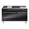 ILVE Nostalgie II 60-Inch Natural Gas Dual Fuel Range with 7 Burners, Griddle, & French Top with Solid Door Oven in Glossy Black with Chrome Trim (UP60FSQNMPBKC)
