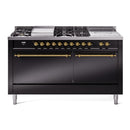ILVE Nostalgie II 60-Inch Propane Gas Dual Fuel Range with 7 Burners, Griddle, & French Top with Solid Door Oven in Glossy Black with Brass Trim (UP60FSQNMPBKGLP)