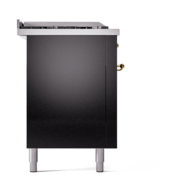 ILVE Nostalgie II 60-Inch Dual Fuel Range with 7 Burners, Griddle, & French Top with Solid Door Oven in Glossy Black with Brass Trim (UP60FSQNMPBKG)