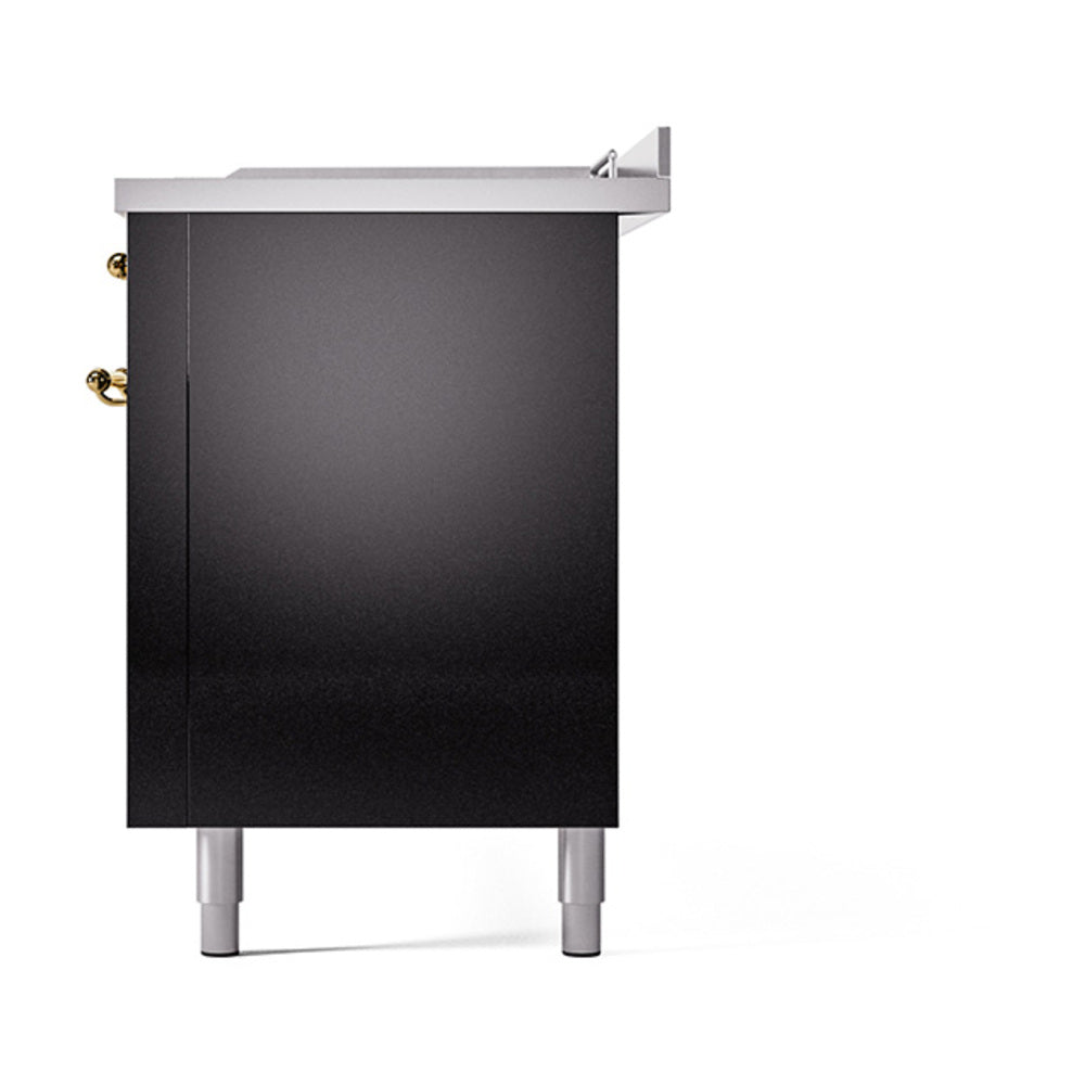 Glossy black cabinet side with stainless top ledge and brass corner hardware
