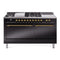 ILVE Nostalgie II 60-Inch Dual Fuel Range with 7 Burners, Griddle, & French Top with Solid Door Oven in Glossy Black with Brass Trim (UP60FSQNMPBKG)