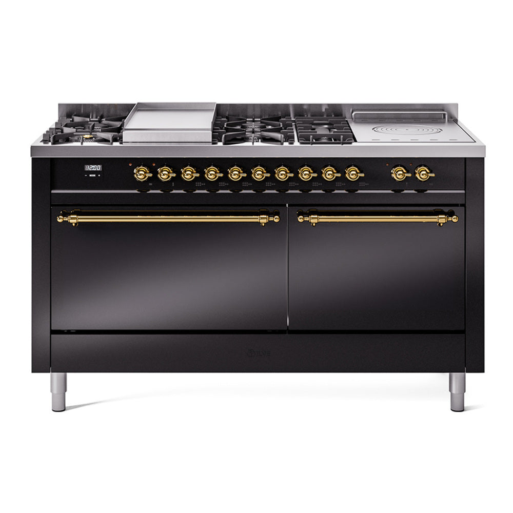 Glossy black dual fuel range with brass-trim control knobs and burner griddle surface