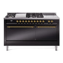 ILVE Nostalgie II 60-Inch Natural Gas Dual Fuel Range with 7 Burners, Griddle, & French Top with Solid Door Oven in Glossy Black with Brass Trim (UP60FSQNMPBKG)