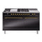 ILVE Nostalgie II 60-Inch Natural Gas Dual Fuel Range with 7 Burners, Griddle, & French Top with Solid Door Oven in Glossy Black with Brass Trim (UP60FSQNMPBKG)