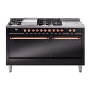 ILVE Nostalgie II 60-Inch Propane Gas Dual Fuel Range with 7 Burners, Griddle, & French Top with Solid Door Oven in Glossy Black with Copper Trim (UP60FSQNMPBKPLP)