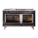 ILVE Nostalgie II 60-Inch Natural Gas Dual Fuel Range with 7 Burners, Griddle, & French Top with Solid Door Oven in Glossy Black with Copper Trim (UP60FSQNMPBKP)