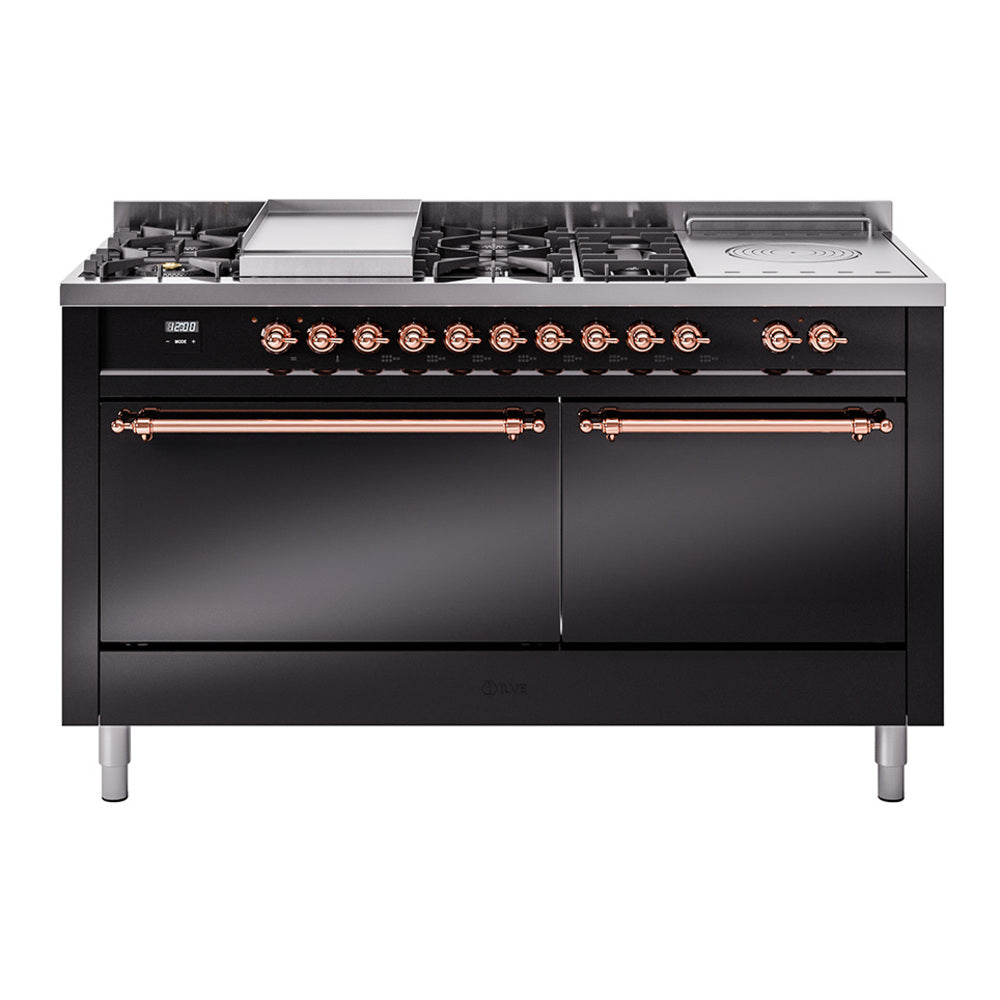Glossy black dual-fuel range with copper-trimmed burners and central griddle