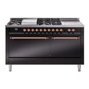 ILVE Nostalgie II 60-Inch Natural Gas Dual Fuel Range with 7 Burners, Griddle, & French Top with Solid Door Oven in Glossy Black with Copper Trim (UP60FSQNMPBKP)