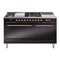 ILVE Nostalgie II 60-Inch Natural Gas Dual Fuel Range with 7 Burners, Griddle, & French Top with Solid Door Oven in Glossy Black with Copper Trim (UP60FSQNMPBKP)