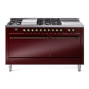 ILVE Nostalgie II 60-Inch Propane Gas Dual Fuel Range with 7 Burners, Griddle, & French Top with Solid Door Oven in Burgundy with Bronze Trim (UP60FSQNMPBUBLP)