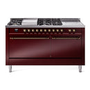 ILVE Nostalgie II 60-Inch Natural Gas Dual Fuel Range with 7 Burners, Griddle, & French Top with Solid Door Oven in Burgundy with Bronze Trim (UP60FSQNMPBUB)