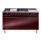 ILVE Nostalgie II 60-Inch Natural Gas Dual Fuel Range with 7 Burners, Griddle, & French Top with Solid Door Oven in Burgundy with Bronze Trim (UP60FSQNMPBUB)