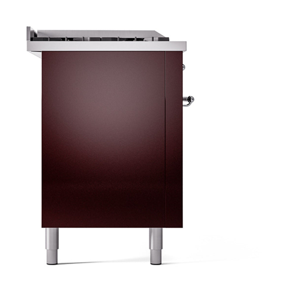 Burgundy solid door oven base with chrome hardware and silver legs.