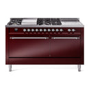 ILVE Nostalgie II 60-Inch Natural Gas Dual Fuel Range with 7 Burners, Griddle, & French Top with Solid Door Oven in Burgundy with Chrome Trim (UP60FSQNMPBUC)