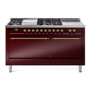 ILVE Nostalgie II 60-Inch Propane Gas Dual Fuel Range with 7 Burners, Griddle, & French Top with Solid Door Oven in Burgundy with Brass Trim (UP60FSQNMPBUGLP)